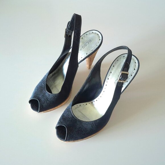 NWOT BCBGirls black logo textile & cork heeled platform sandal, US 10 - Picture 4 of 13
